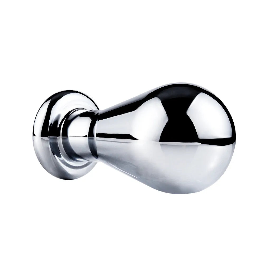Silver metal bulb butt plug made from aluminium alloy on white background