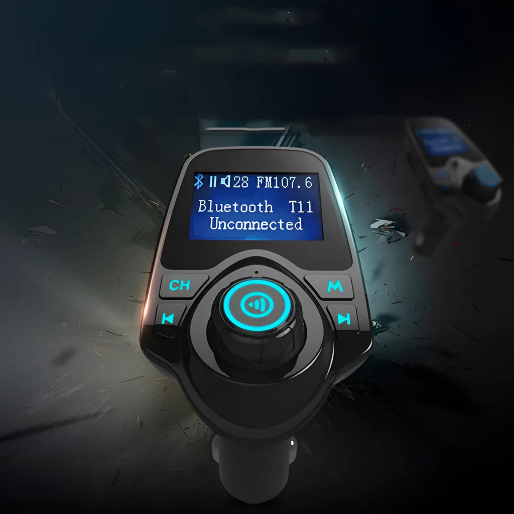 Black G7 car Bluetooth hands-free adapter with FM transmitter, USB port and memory card slot.