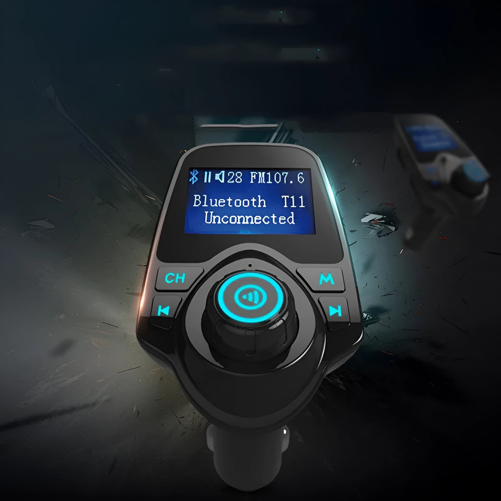 Black G7 car Bluetooth hands-free adapter with FM transmitter, USB port and memory card slot.