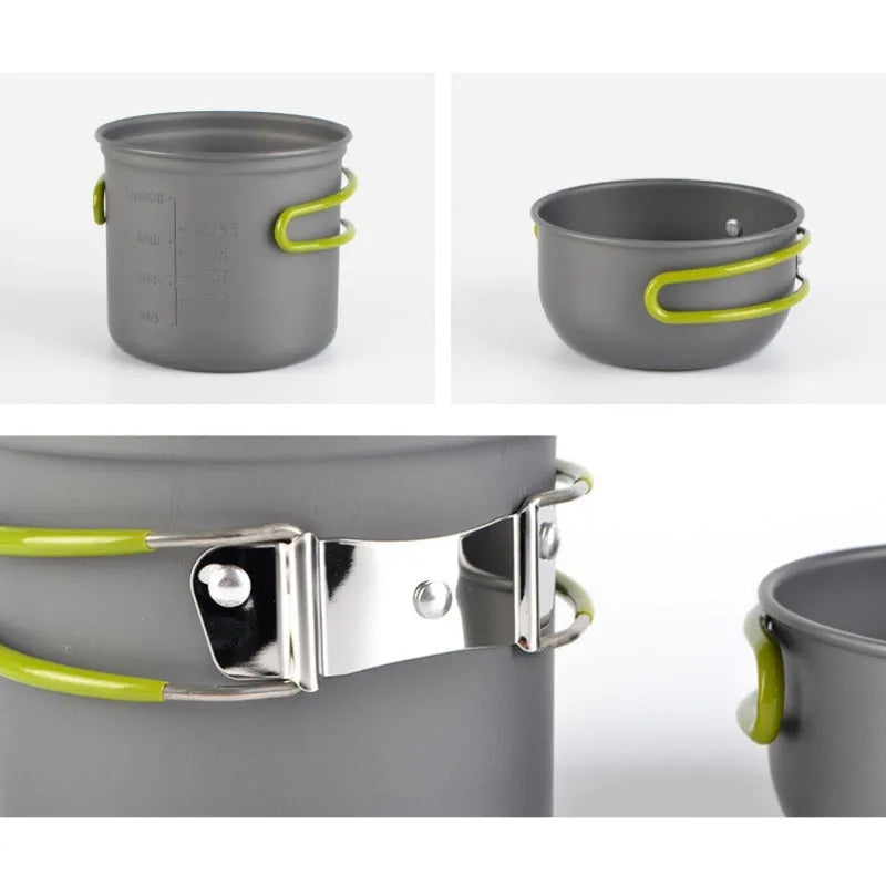 Green aluminium camping cookware set DS-101 with 1.2L pot and 0.62L cover on mesh bag