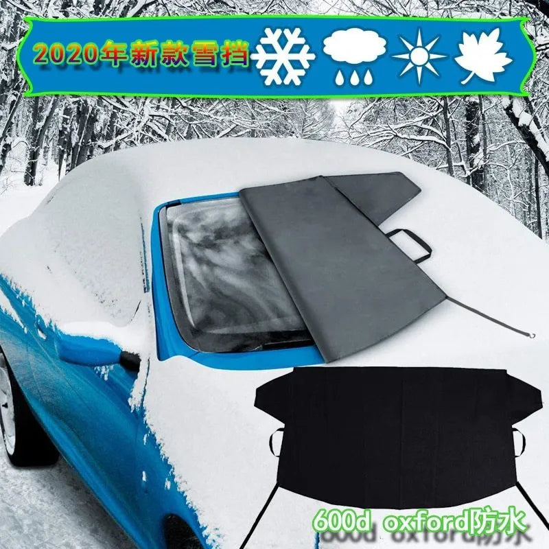 Windshield ice and snow gown in black rubber Oxford cloth placed over a car windscreen for frost and snow protection