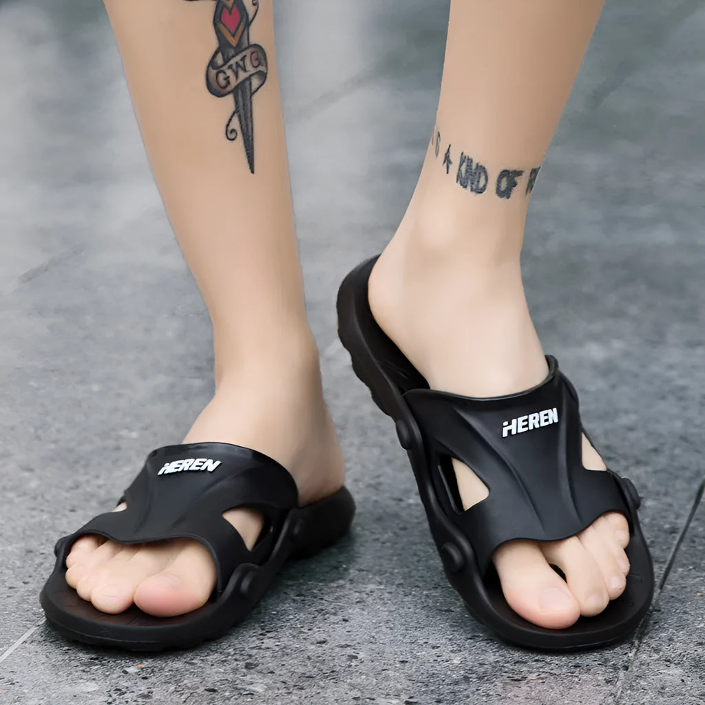 Men's indoor plastic flip-flop bathroom slippers with rubber sole, available in multiple colours and sizes 36-45