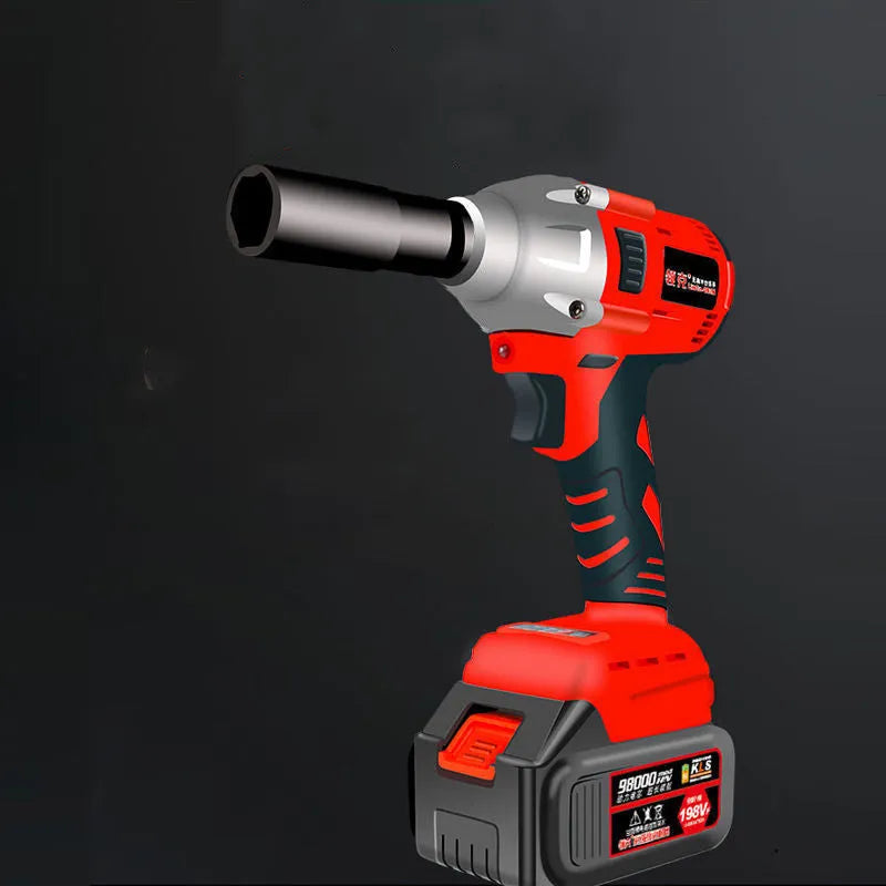 Brushless electric wrench with 20V lithium battery and charger on a workbench
