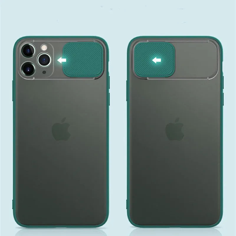 iPhone lens sliding phone case in a contrasting colour with back cover showing sliding mechanism over camera lenses.