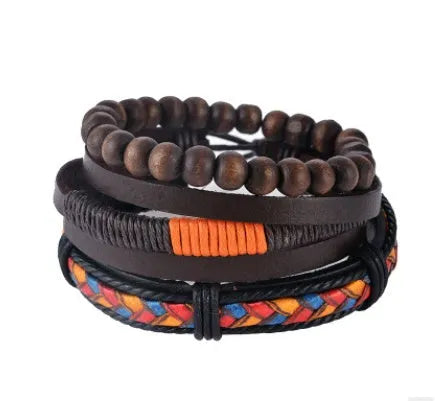 Hand-woven adjustable leather wrap bracelet with wooden beads and natural ropes in vintage punk style
