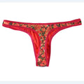 Men's green camouflage snake print thong underwear laid flat, showing low waist and T-back style.