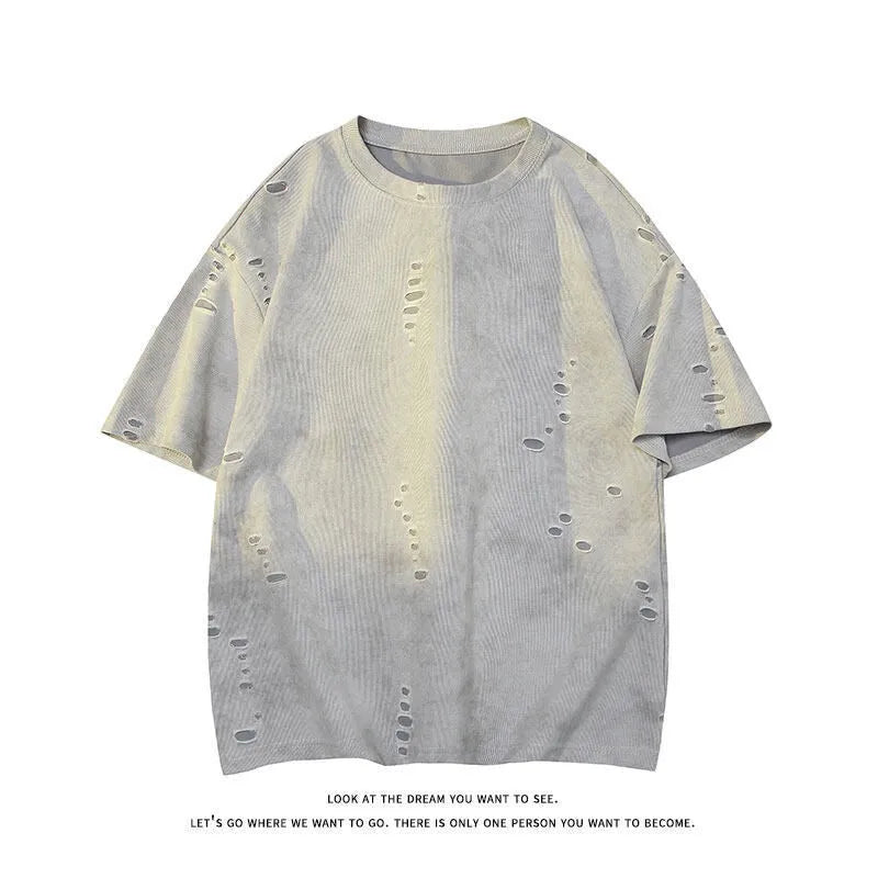 Men's blue ripped short sleeve cotton blend T-shirt with loose fit casual style