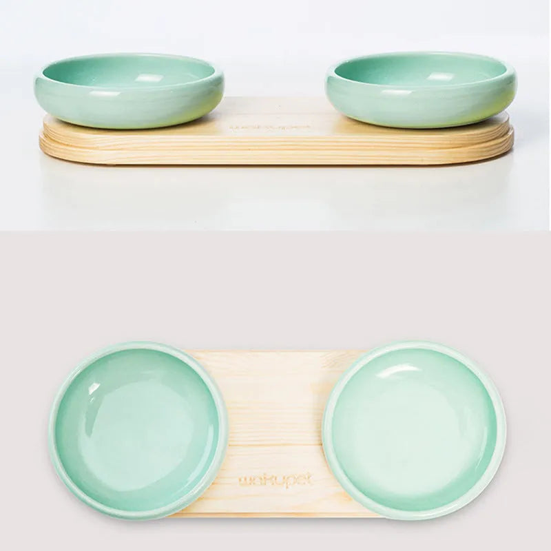 Solid wood ceramic cat dining table with pine frame and three porcelain bowls