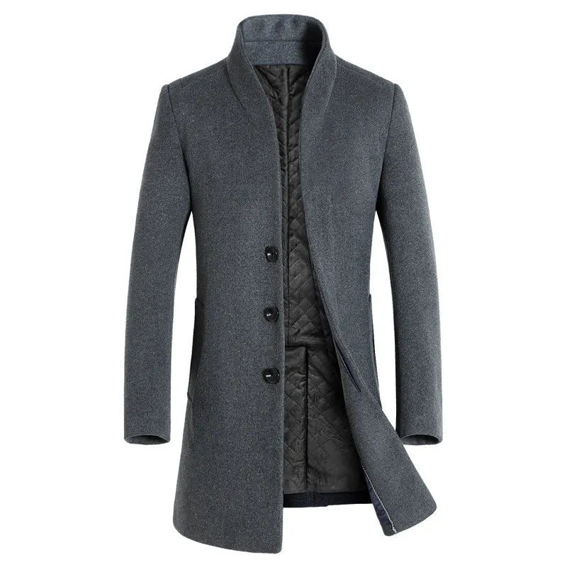Men's long woolen trench coat in navy, black or grey with size chart from M to 5XL showing shoulder, bust, length and sleeve