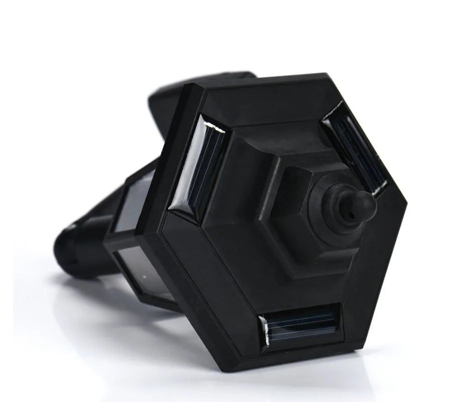 Black hexagonal solar wall light with IP44 waterproof rating for outdoor garden and pathway illumination