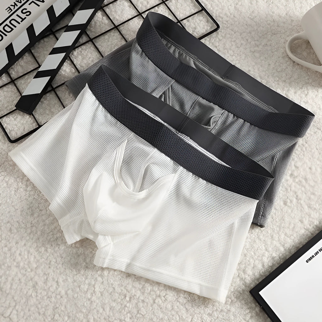 Men's ice silk boxer low waist breathable mesh knitted nylon underpants solid colour black gray white