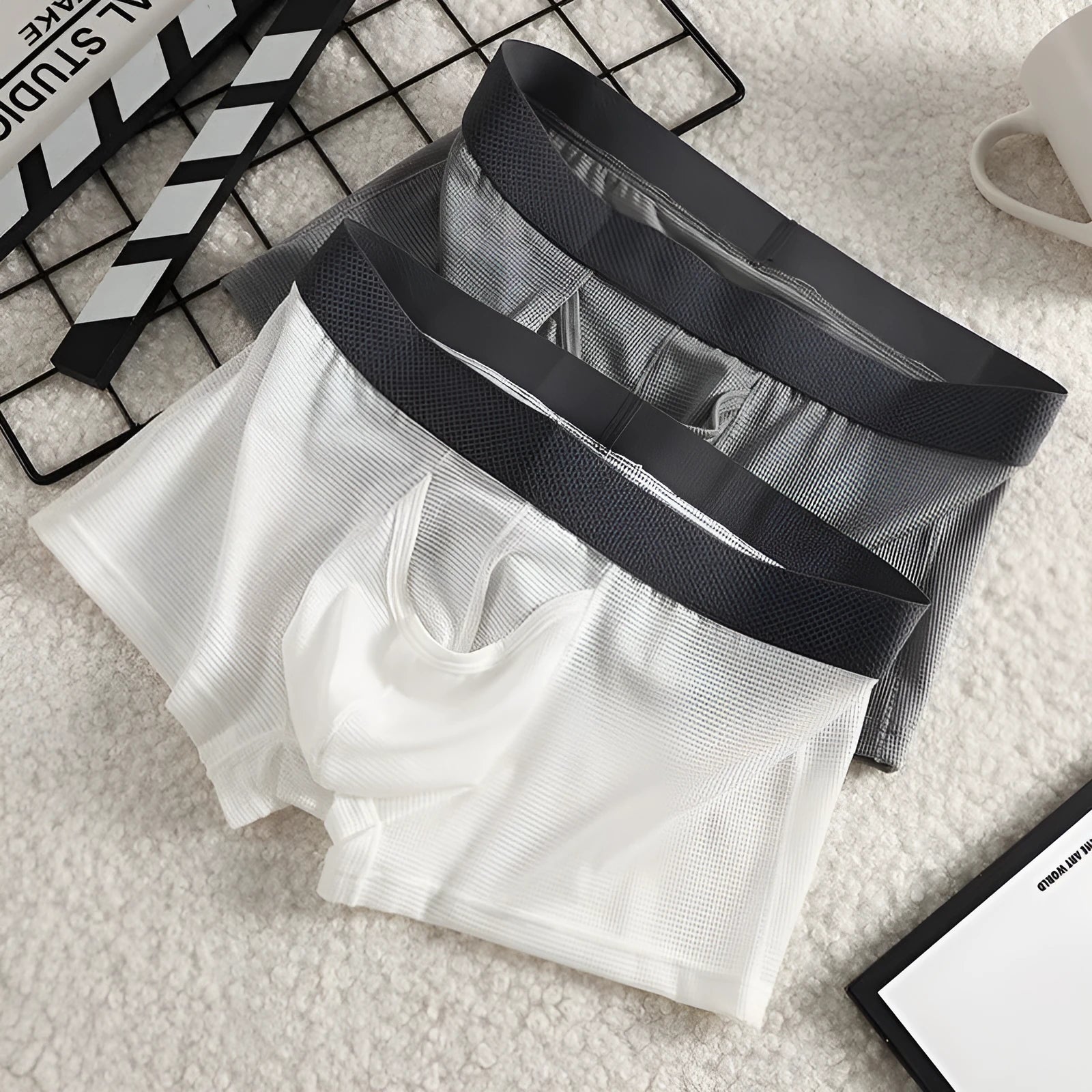 Men's ice silk boxer low waist breathable mesh knitted nylon underpants solid colour black gray white
