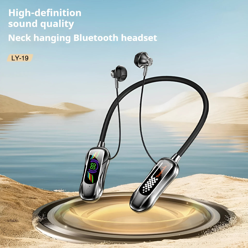 Neck-mounted Bluetooth headset in gun gray with digital display, ABS TPE body and neck-hanging sports design