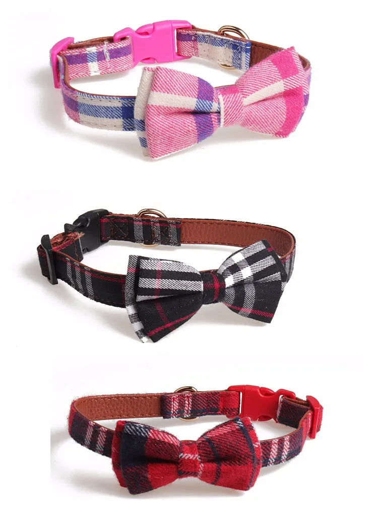 Adjustable bowknot traction collar in lattice pattern for dogs, available in multiple colours and sizes