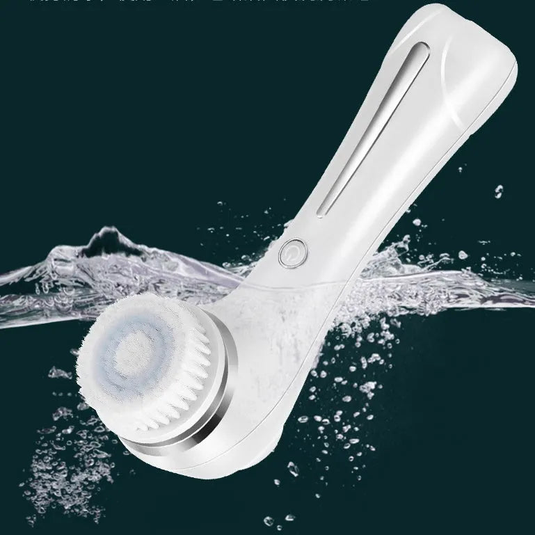 Blue electric facial cleansing brush with USB cable and 30ml water tank on white background