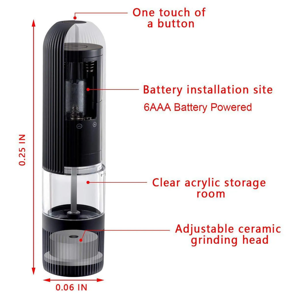 Electric pepper grinder with transparent acrylic body and ceramic grinding core for fresh pepper and sea salt