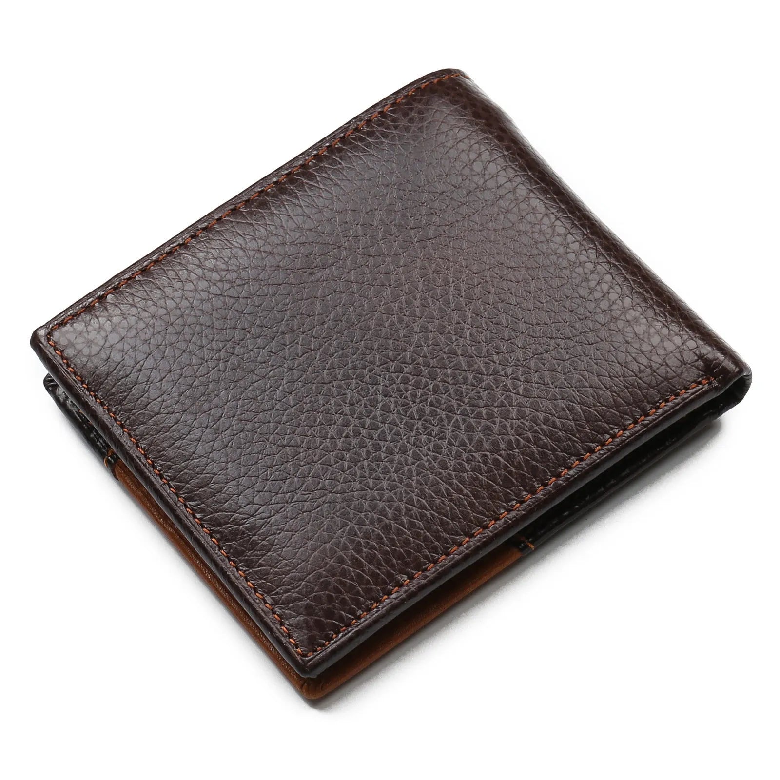 Men's brown leather three-fold wallet open, showing card slots, zip coin pocket, and photo window.
