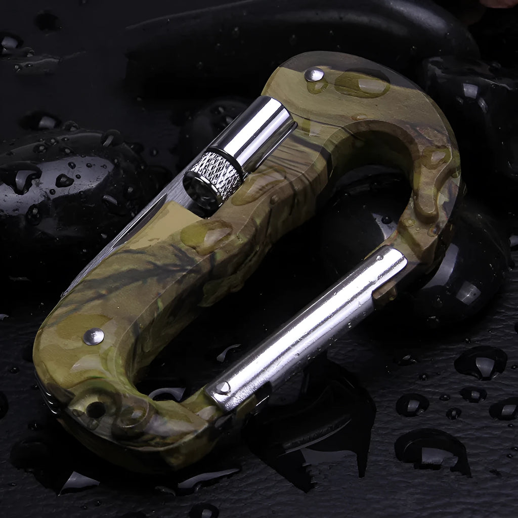 Camouflage multifunctional carabiner with knife, saw, and LED light on a black background