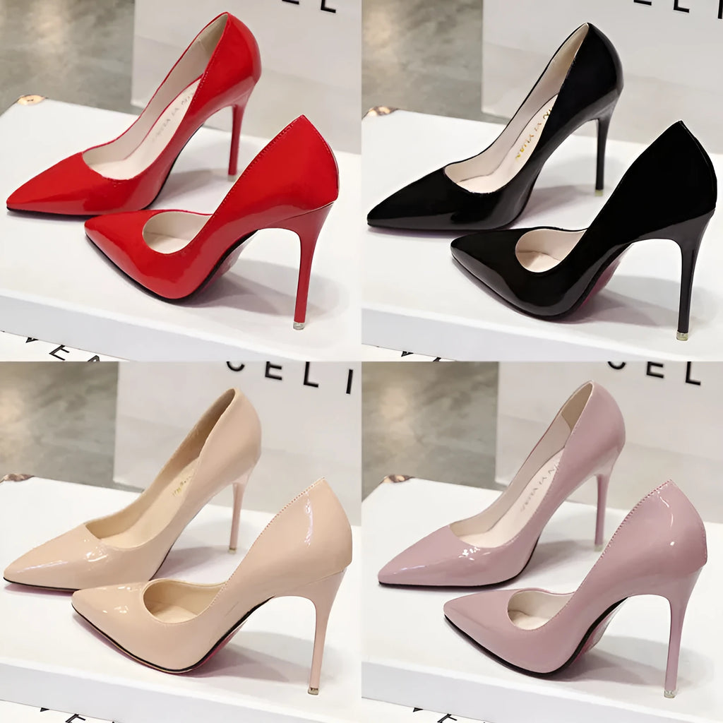 Women's nude ultra-high heel pointed toe PU shoes with carved wing pattern and 10cm heel