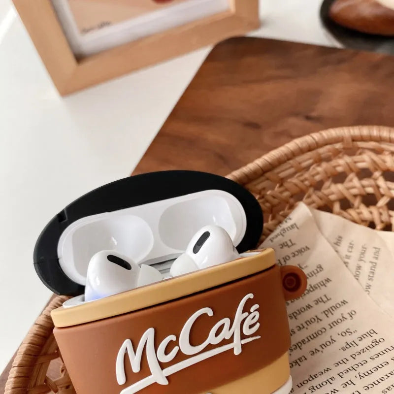 Brown coffee cup shaped silicone earphone case for AirPods with printed pattern