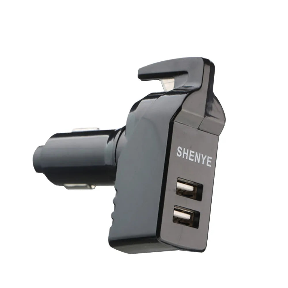 Black car safety hammer with PC polycarbonate body, tungsten steel tip, and seat belt cutter on grey background