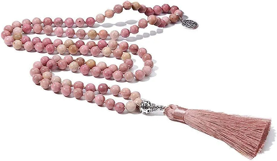 Handmade knotted stone bead necklace with 108 8mm beads in natural colours