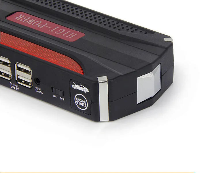 GG-JS-18 car jump starter with battery clamps, 4-in-1 cable, and laptop connectors in retail tool case