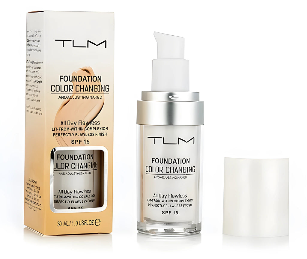 Colour change foundation liquid in pump dispenser bottle for light to medium skin tones