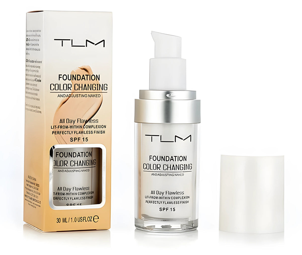 Colour change foundation liquid in pump dispenser bottle for light to medium skin tones