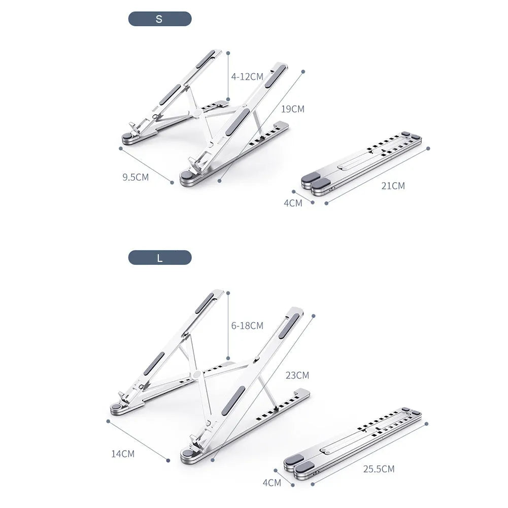 Aluminium foldable laptop stand shown in silver colour, adjusted to a mid-height position.
