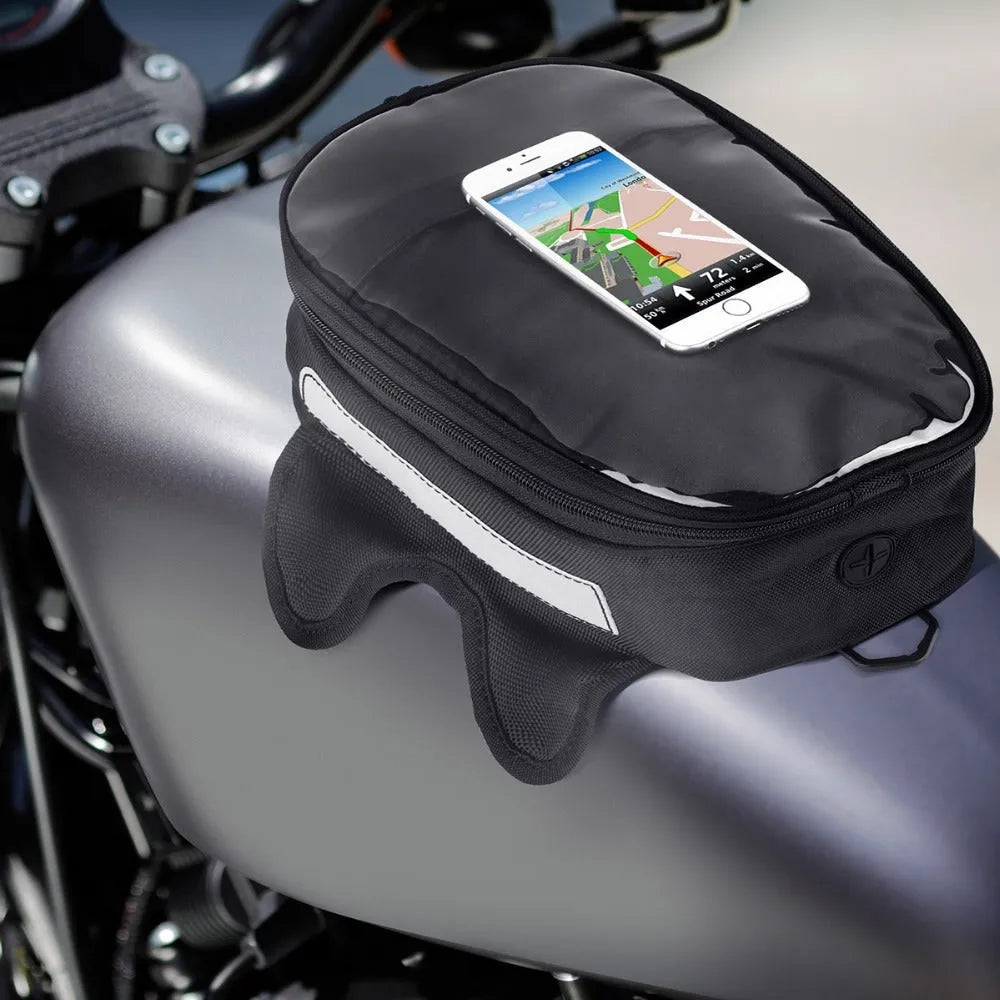 Black waterproof magnetic motorcycle fuel tank bag with phone pocket and reflective strips on Oxford cloth surface