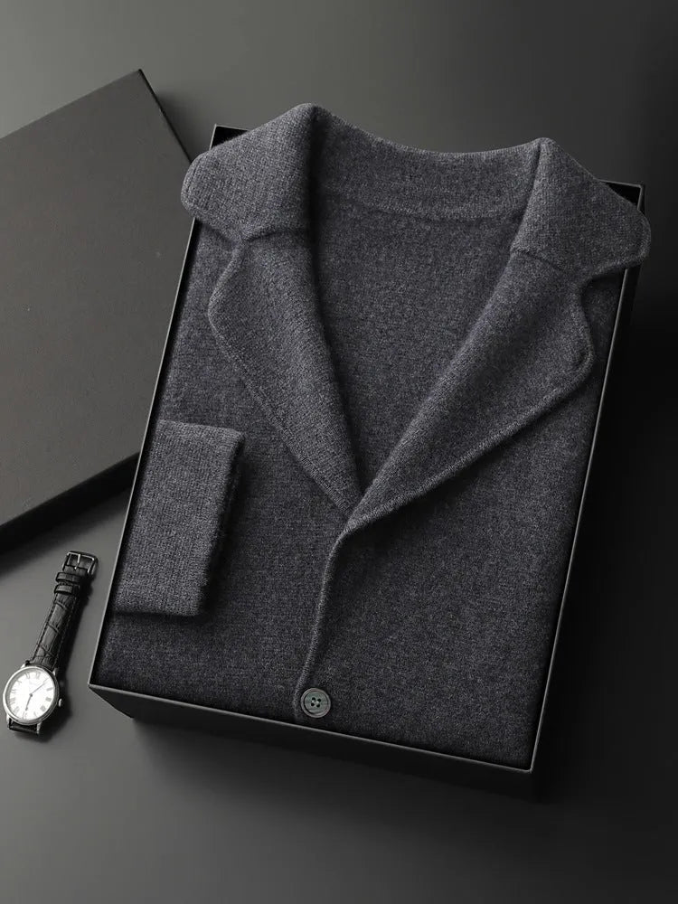 Men's cashmere lapel cardigan in light grey showing thickened knit construction and loose fit