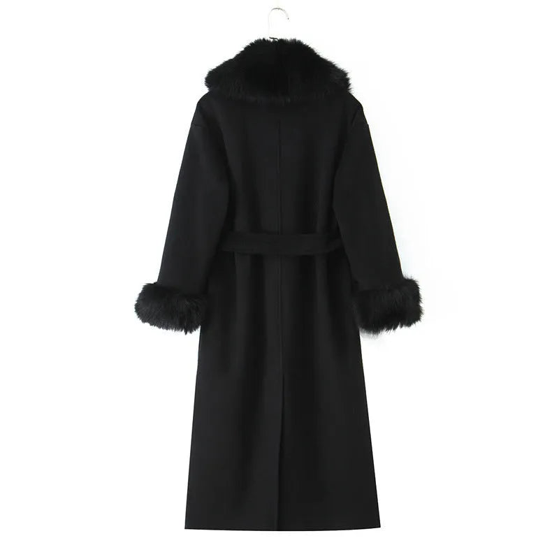 Women's long wool blend coat with detachable big rabbit fur collar and belt, front view, pattern colour