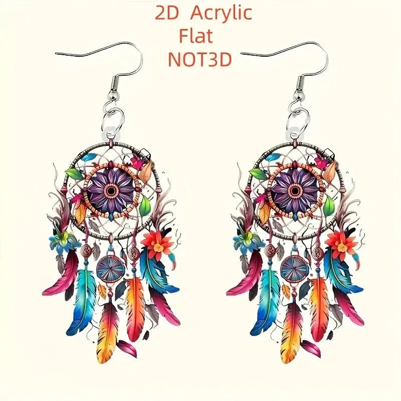 Flat acrylic earrings with printed dreamcatcher pattern in geometric shape, unisex design