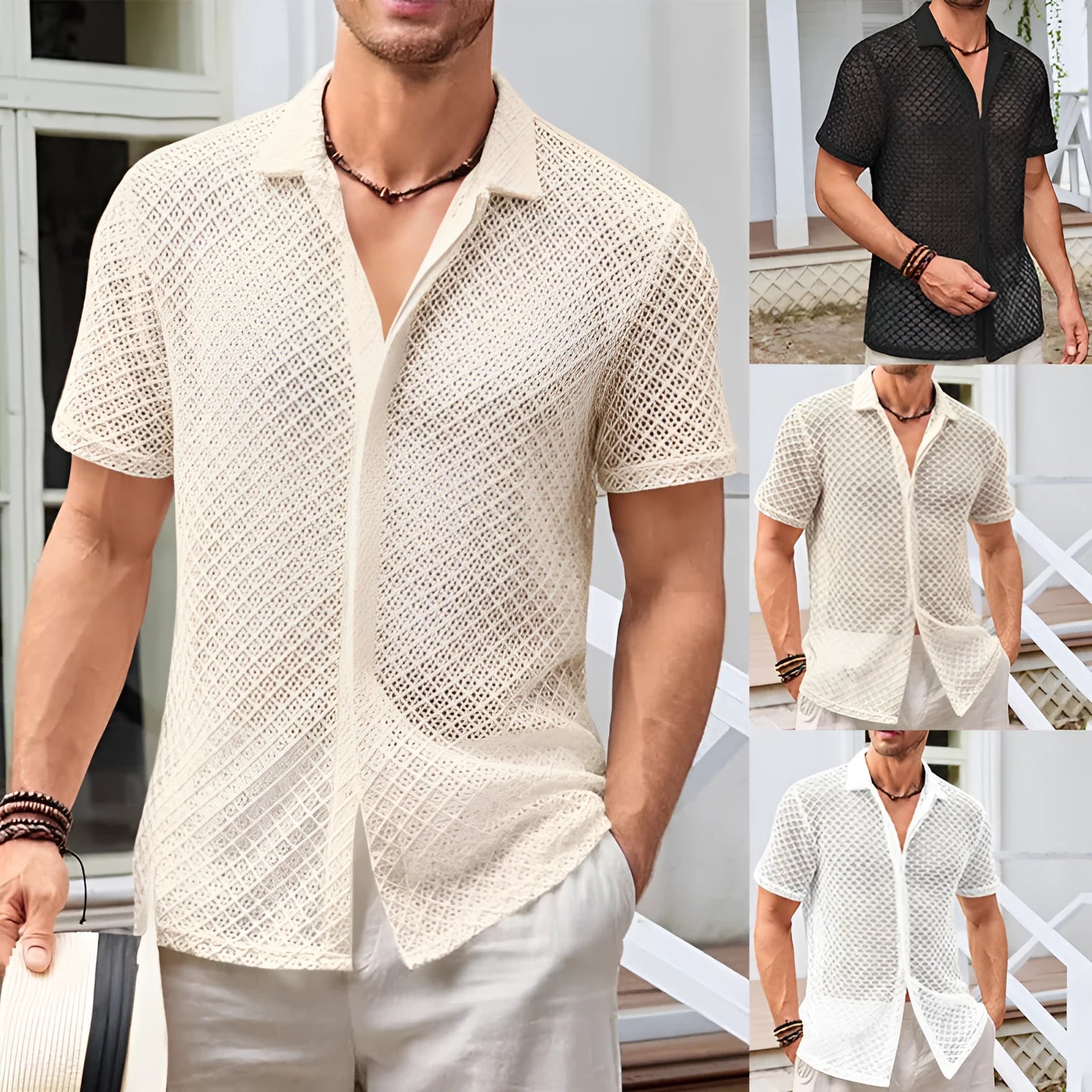 Men's short sleeve summer shirt in cotton blend fabric with lapel cardigan styling