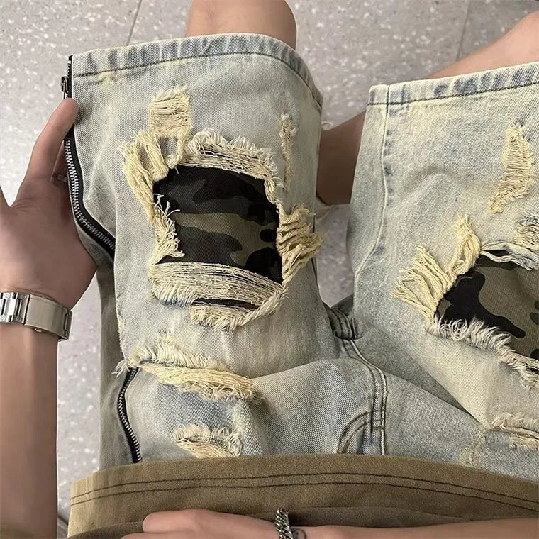 Men's ripped camouflage denim shorts in yellow mud colours with straight leg Korean style