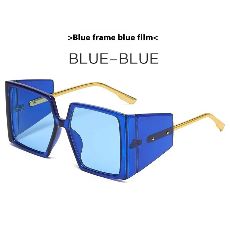 Large square frame sunglasses shown in multiple colour options: black, blue, champagne, green, hawksbill, orange, and white.