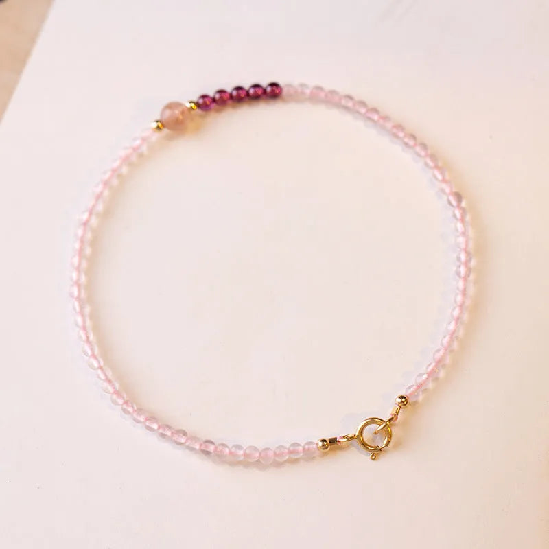 Handmade pink strawberry quartz crystal bracelet in 14cm, 15cm or 16cm sizes with animal or zodiac design