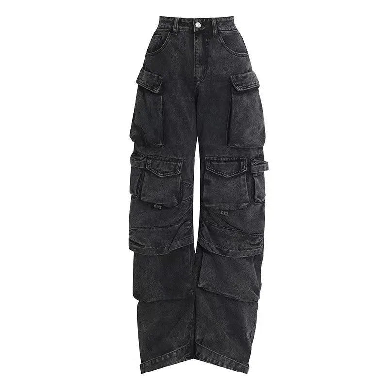 Women's high waist tie-dyed denim trousers with wide leg silhouette and multiple pockets in street hipster style