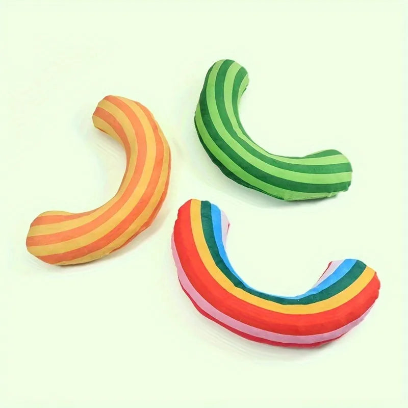 Set of four cat noise toys with striped pattern pillow measuring 23cm