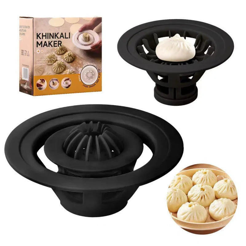 Black Jinkali four-piece set of steamed bun and dumpling moulds on a kitchen surface