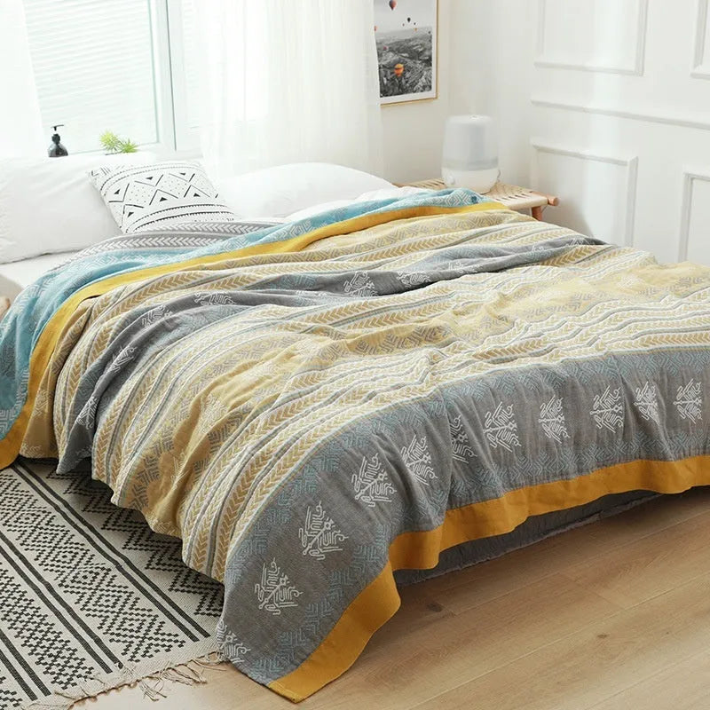 Pure cotton five-layer gauze bed sheet blanket in roulette wheel blue pattern for summer use