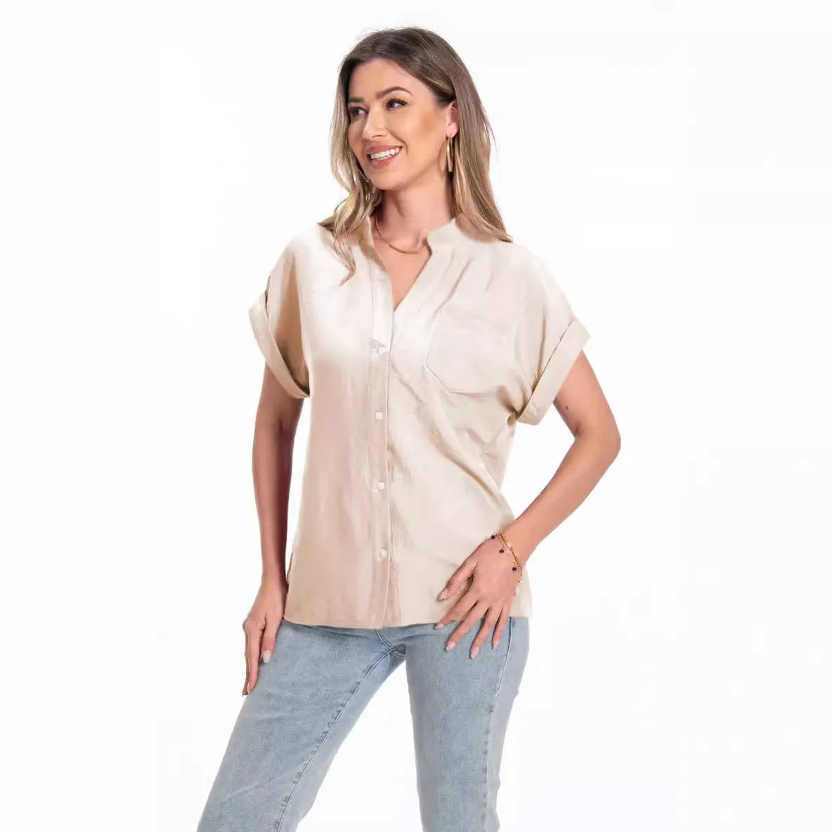 Women's loose-fit polyester summer top with stand collar and short raglan sleeves in Army Green.