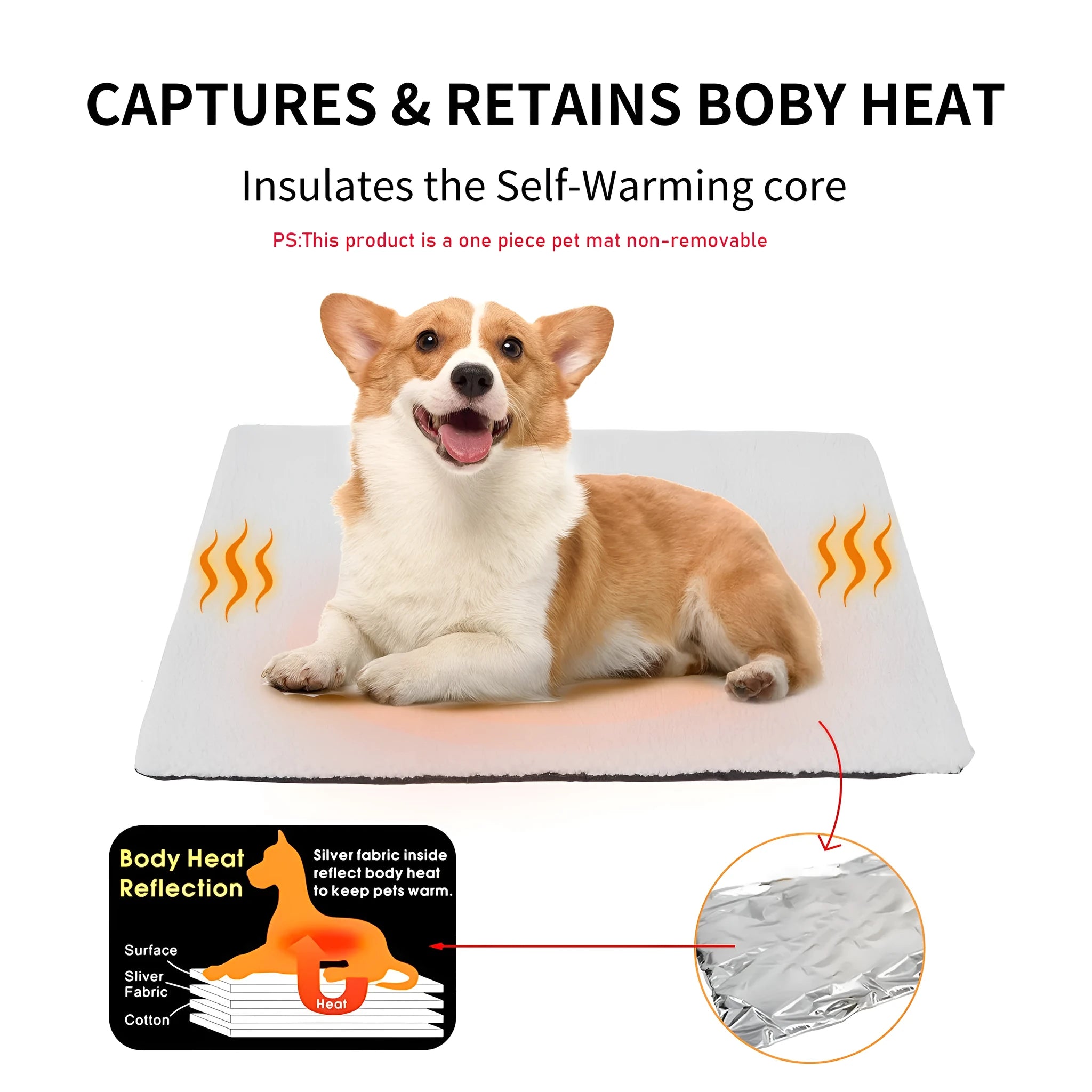 Grey plush self-heating pet pad for cats and dogs on indoor floor