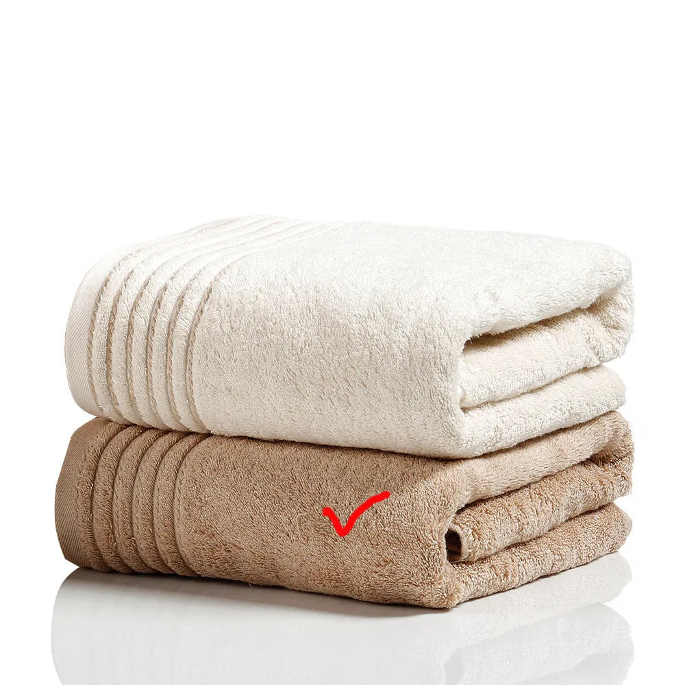 Six-piece cotton towel set showing bath, hand, and washcloth sizes in beige colour.