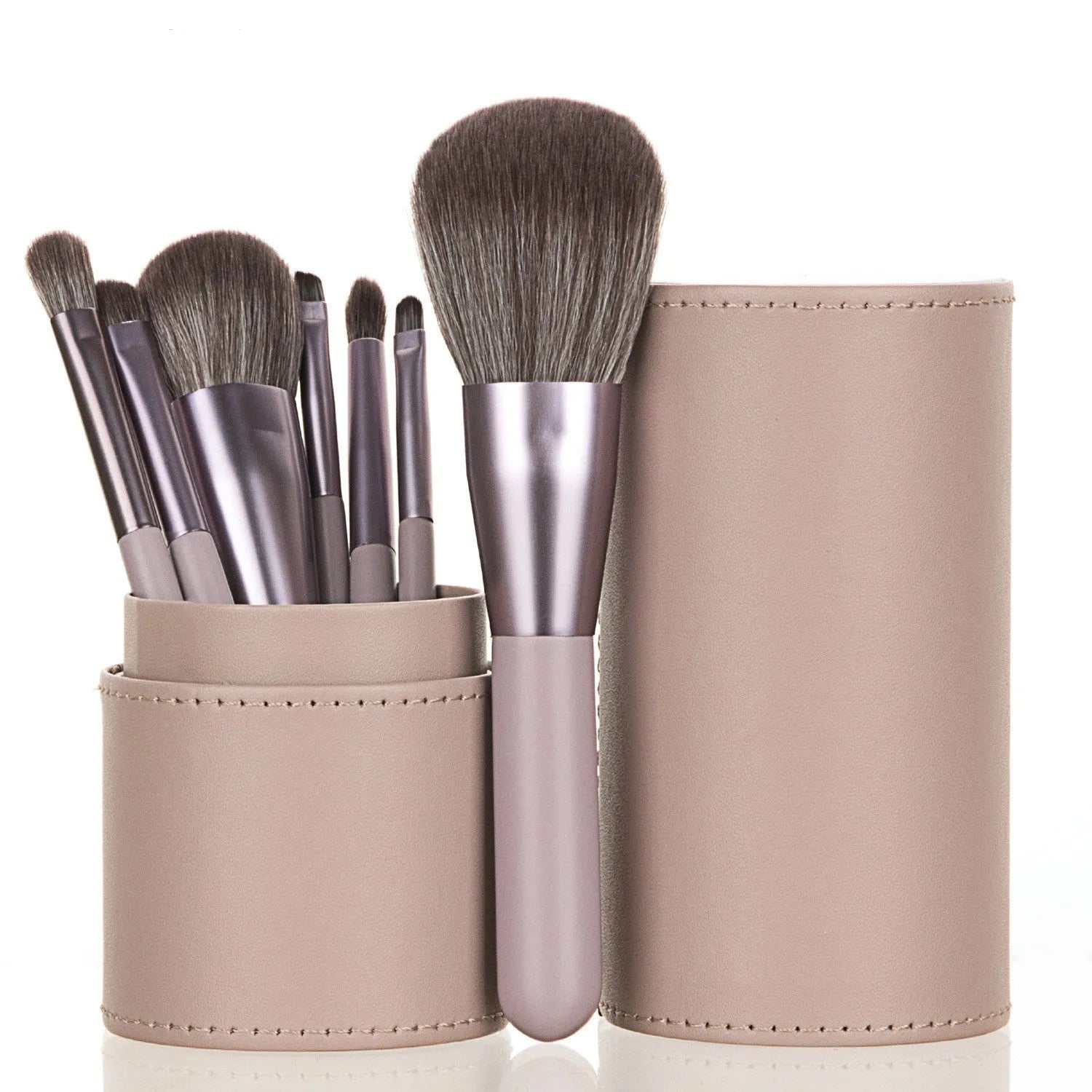 7 piece portable mini makeup brush set with purple bucket and plastic handles