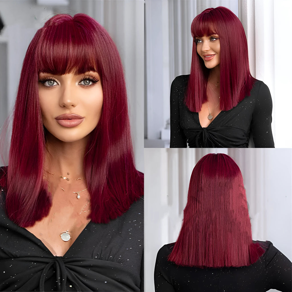 Ladies plant green straight synthetic wig with Qi bangs on display