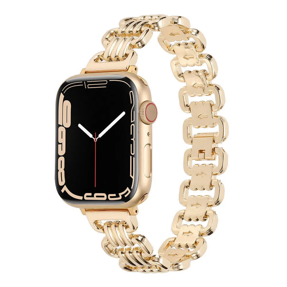 Silver alloy metal replacement bracelet strap for an Apple Watch on a wrist