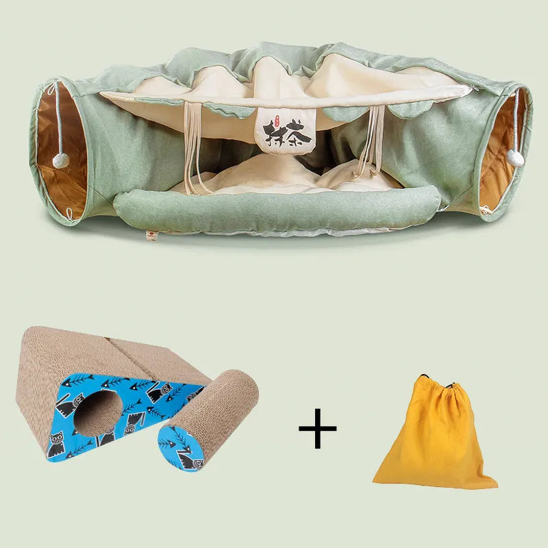 Four Seasons Universal Cat Tunnel Cat Bed – 25cm diameter polyester tunnel with nest, spread 126cm long, style option shown