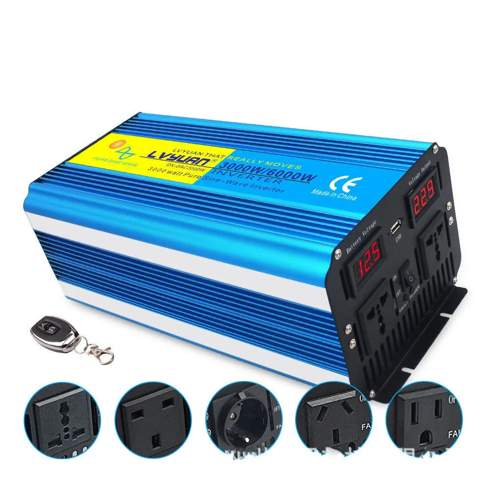 Blue 3000W 12V to 220V pure sine wave car power inverter with digital display and UK plug socket.